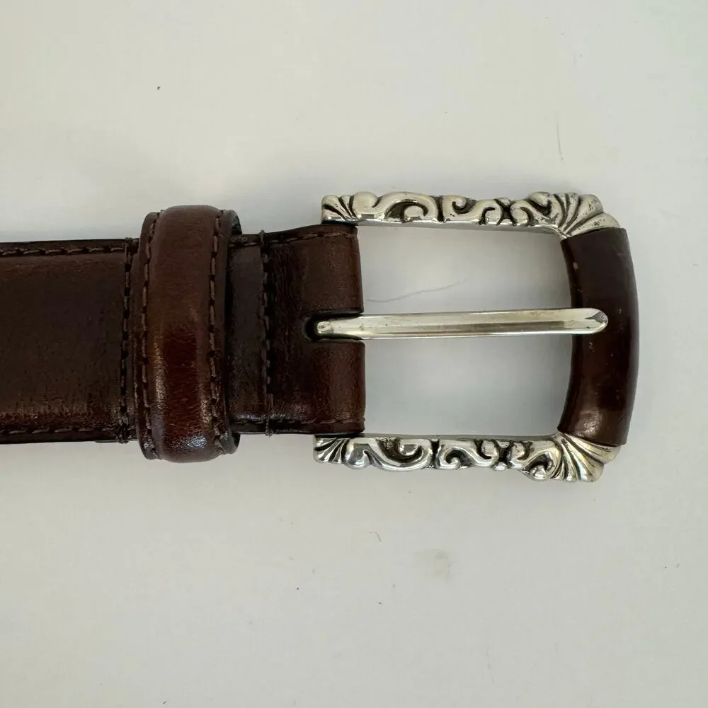 Fossil Brown Leather Belt Silver-Tone Hardware Boho Design Size M